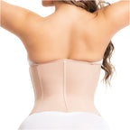 Back view of beige waist cincher highlighting hourglass figure and smooth silhouette