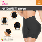 Black high-waist shapewear shorts with cotton lining, external power net, open crotch, and silicone lace bands for comfort and support
