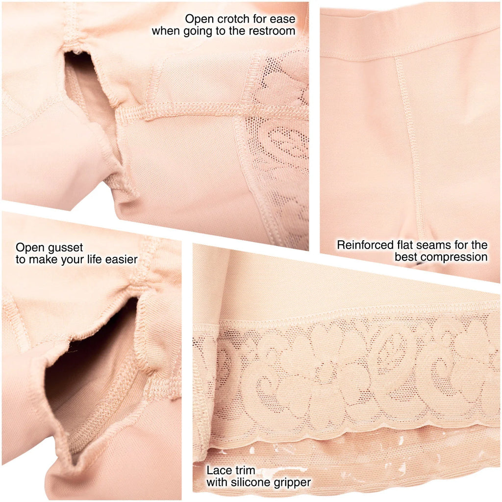 Beige shapewear shorts details: open crotch, open gusset, reinforced flat seams, and lace trim with silicone gripper
