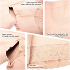 Beige shapewear shorts details: open crotch, open gusset, reinforced flat seams, and lace trim with silicone gripper