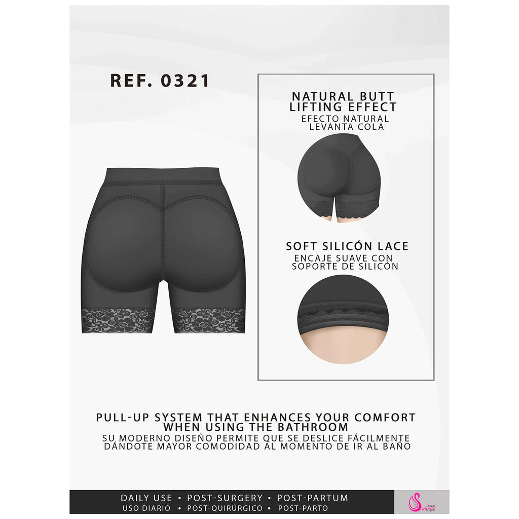 Black high-waist shapewear shorts with natural butt lifting effect, soft silicone lace, and pull-up system for comfort