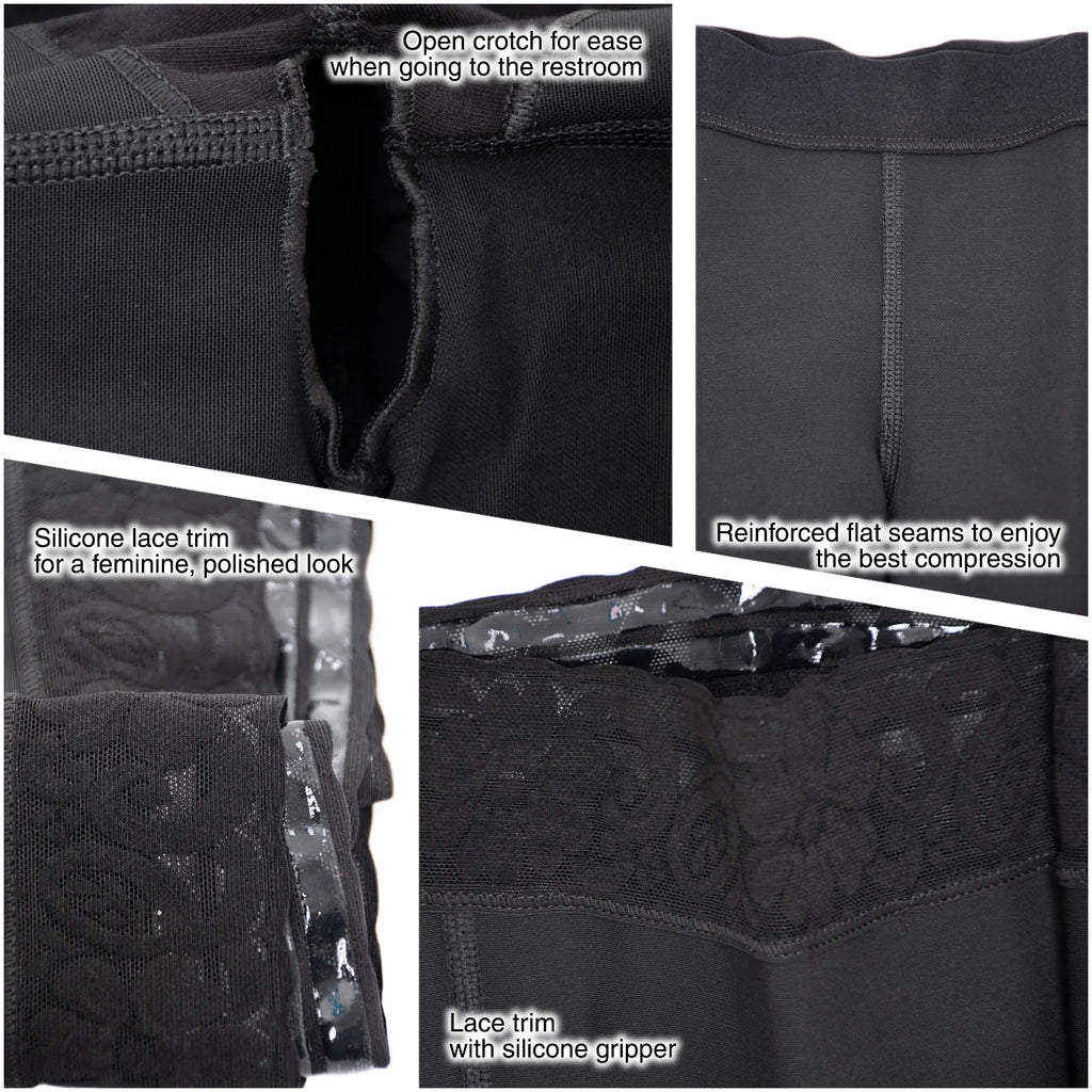 Black shapewear shorts details: open crotch, reinforced flat seams, silicone lace trim, and lace trim with silicone gripper