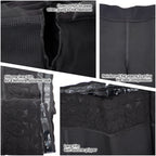 Black shapewear shorts details: open crotch, reinforced flat seams, silicone lace trim, and lace trim with silicone gripper