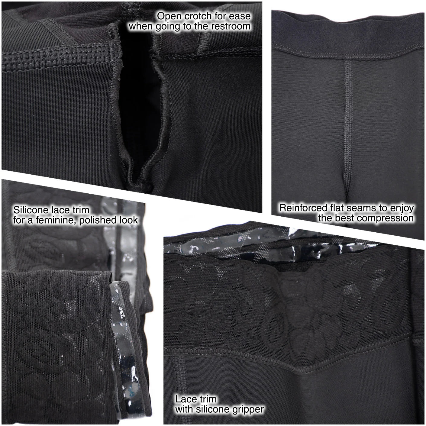 Black shapewear shorts details: open crotch, reinforced flat seams, silicone lace trim, and lace trim with silicone gripper