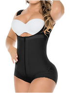 Black and white shapewear garment on a model against a white background