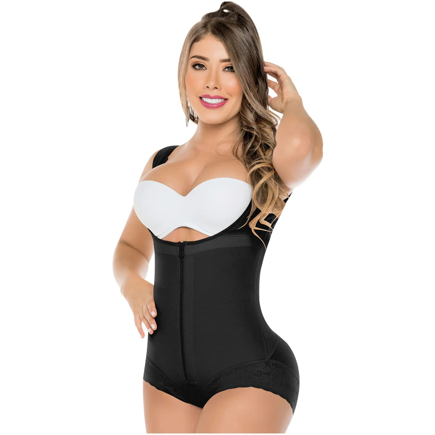 Woman wearing a black and white shapewear garment on a white background