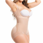 Side view of beige shapewear highlighting body contouring, smooth silhouette, and front zipper design