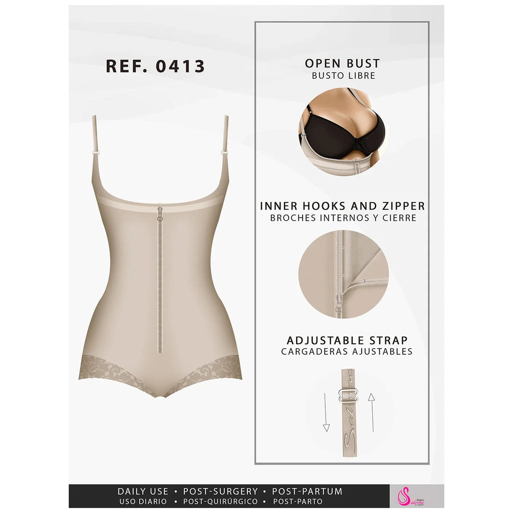 Beige shapewear with open bust, inner hooks and zipper, adjustable straps, and lace hem for comfort and support