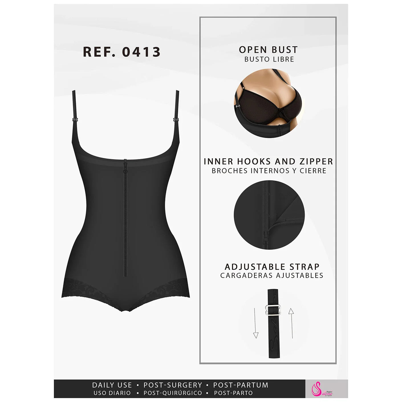 Black shapewear with open bust, inner hooks and zipper, adjustable straps, and lace hem for comfort and support
