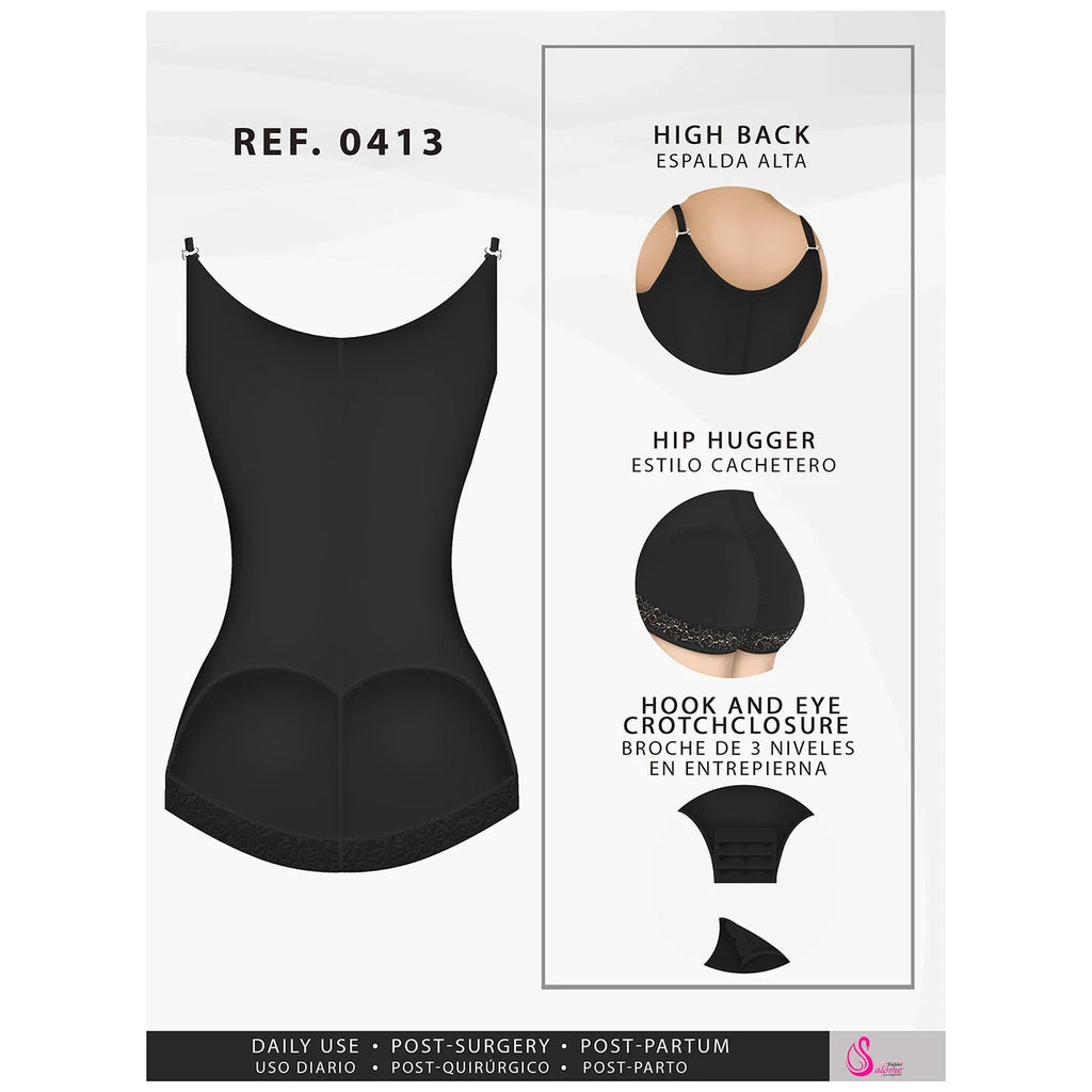 Black shapewear with high back, hip hugger design, and hook-and-eye crotch closure for waist shaping and comfort