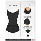 Black shapewear with high back, hip hugger design, and hook-and-eye crotch closure for waist shaping and comfort