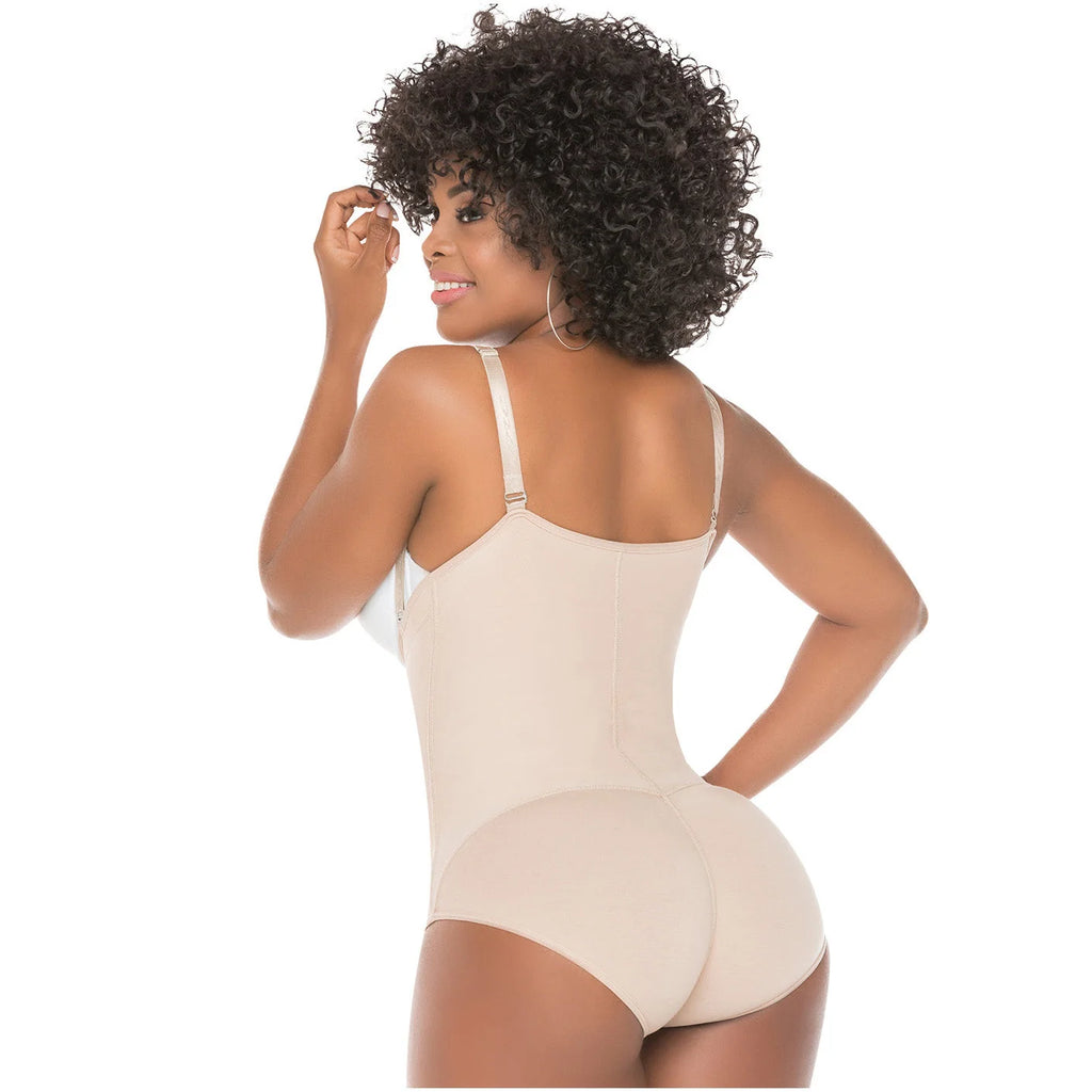 Back view of beige shapewear with low back and seamless design, highlighting waist shaping and smooth silhouette