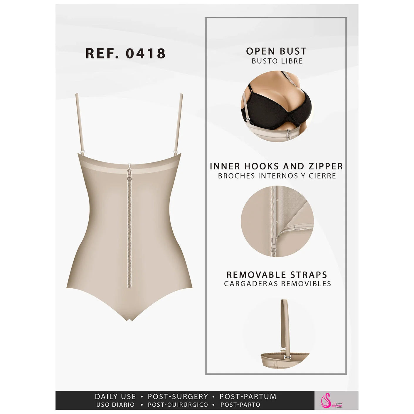 Beige shapewear with open bust, inner hooks and zipper, and removable straps for comfort and versatility