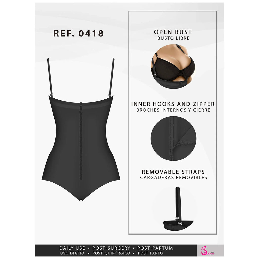 Black shapewear with open bust, inner hooks and zipper, and removable straps for comfort and adjustability