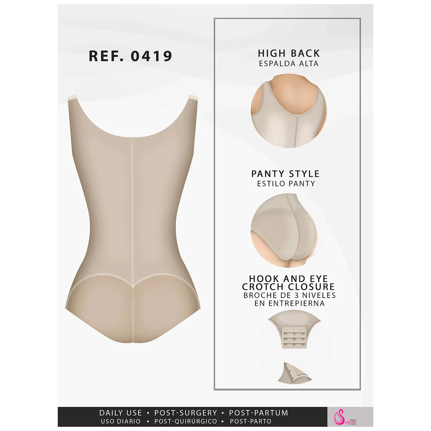 Beige shapewear with high back, panty style, and hook-and-eye crotch closure for daily use and post-surgery support
