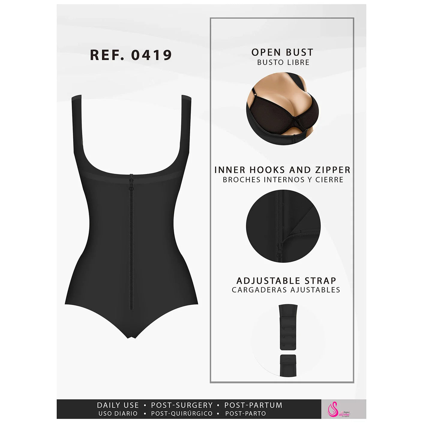 Black open-bust body shaper with front zipper closure, inner hooks and zippered back, and adjustable shoulder straps. Designed for daily use, post-surgery, and post-partum support.