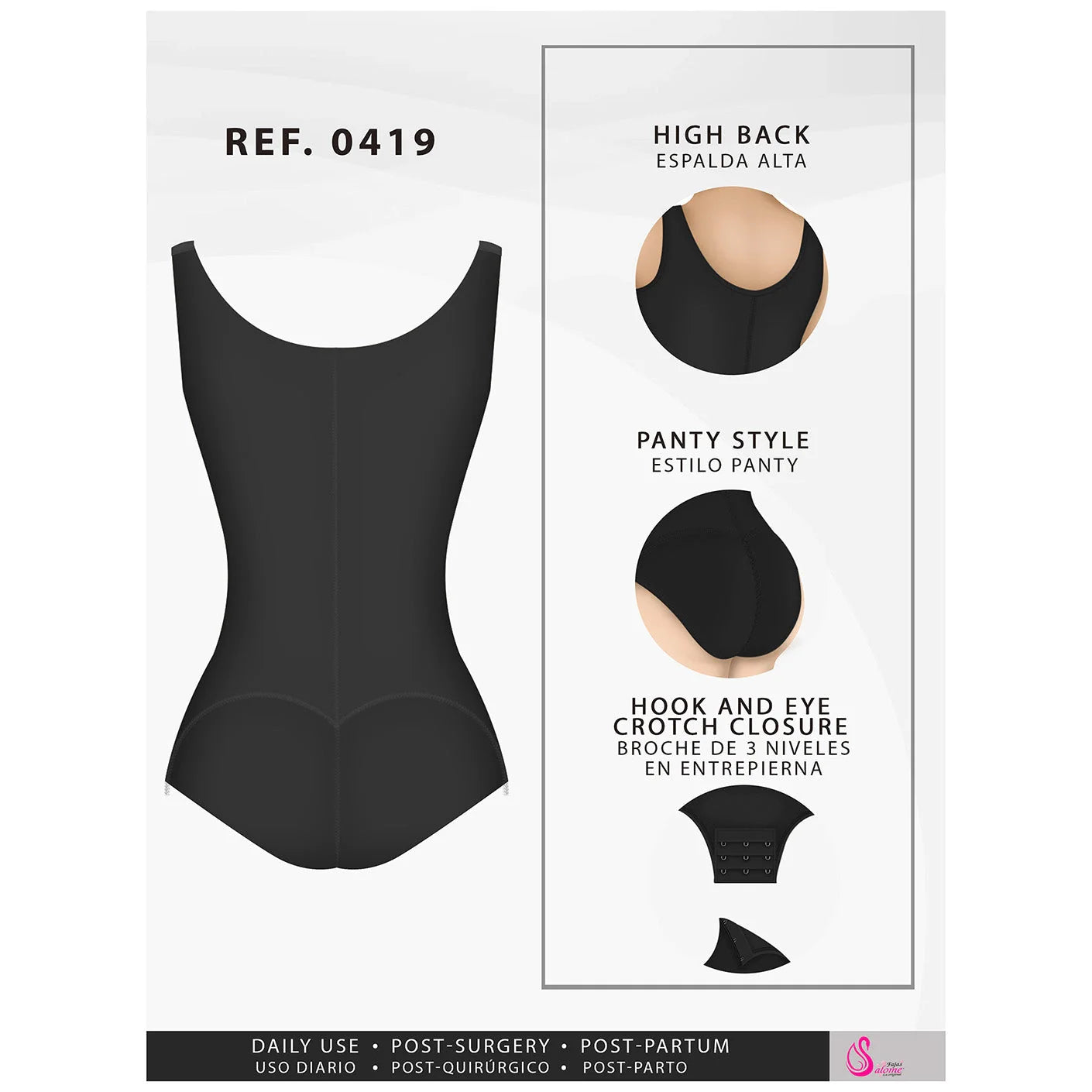 Black shapewear with high back, panty style, and hook-and-eye crotch closure for daily use and post-surgery support