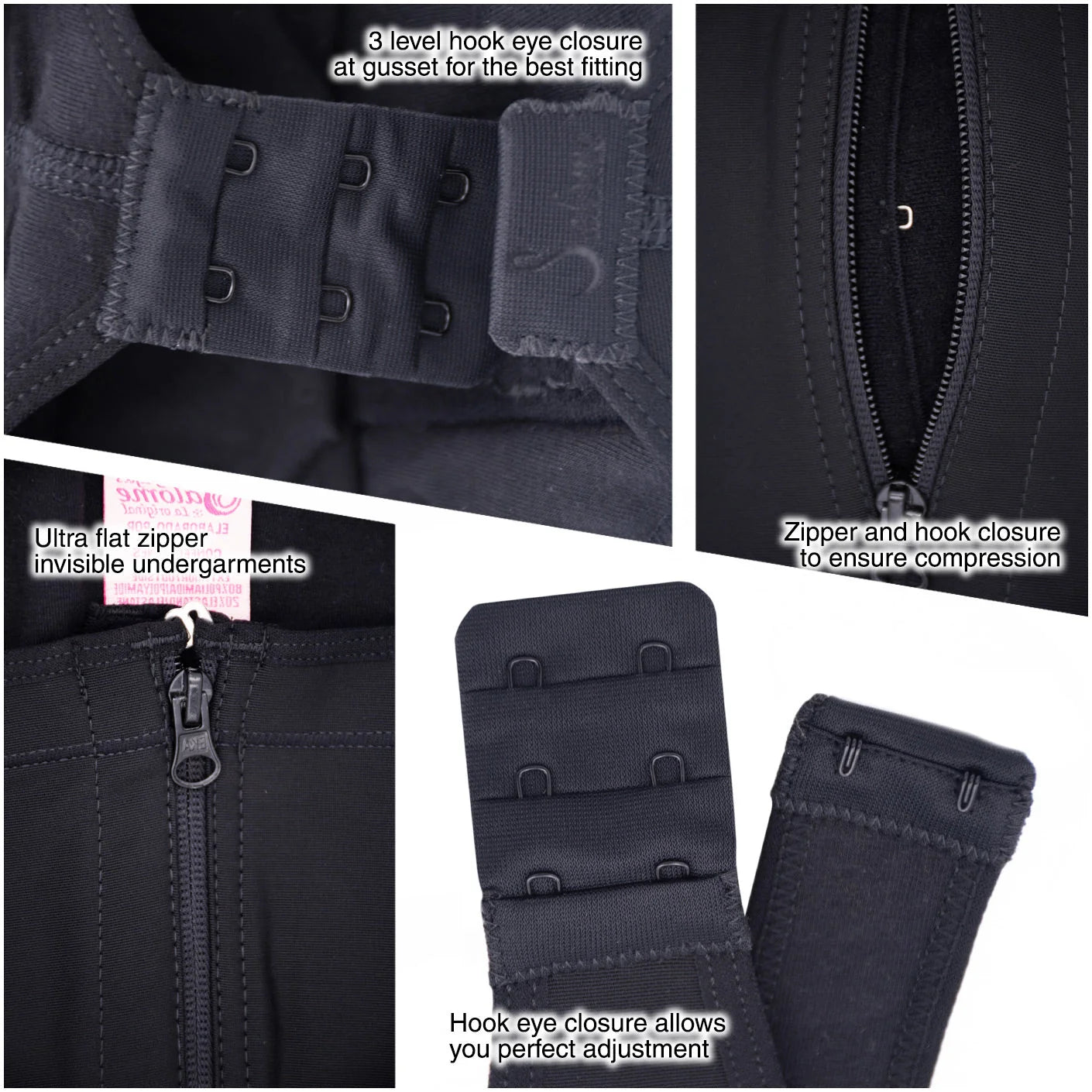 Black shapewear details: 3-level hook eye closure at gusset, ultra flat zipper, and hook eye closure for perfect adjustment and compression