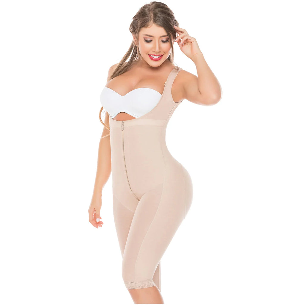 Beige body shaper with built-in white underwire bra and front zipper, shown on a model.