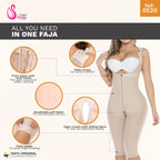 Beige shaper with front zipper, wide straps, breathable fabric, and sliding open crotch for comfort.