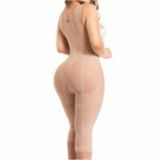 Beige body shaper with front zipper, built-in white bra, and open crotch, side-back view