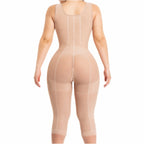Beige body shaper with front zipper, built-in white bra, and open crotch, back view