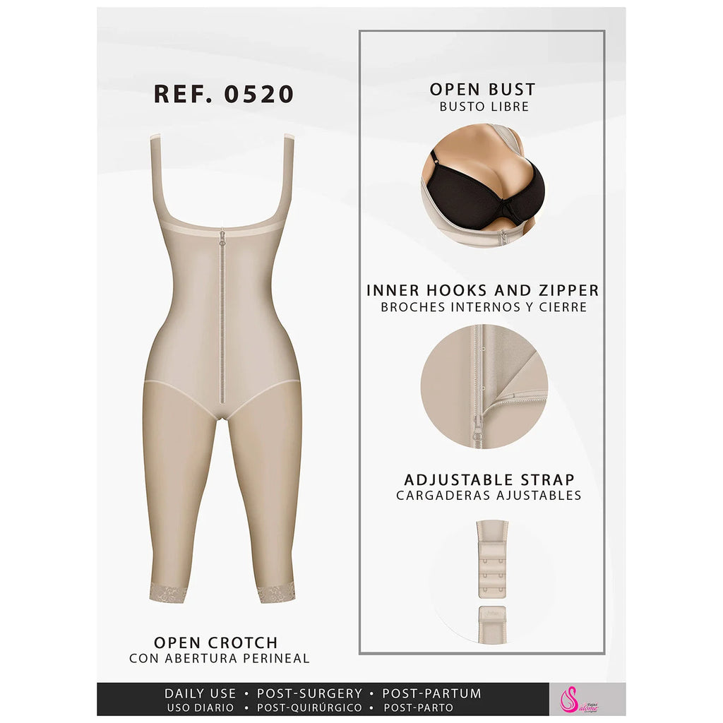 Beige shaper with open bust, front zipper, inner hooks, adjustable straps, and open crotch.