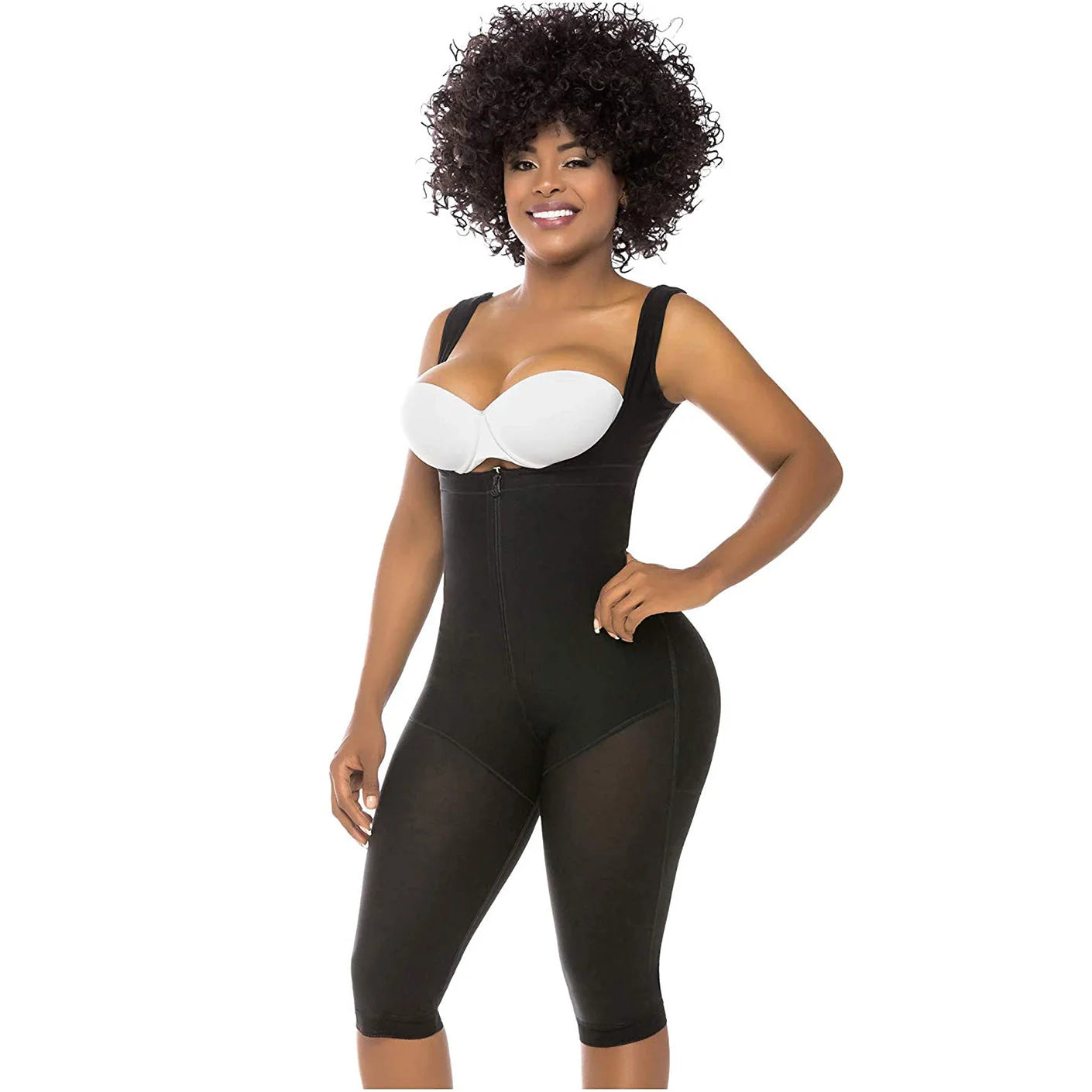 Black body shaper with built-in white bra, front zipper, and mesh panels.