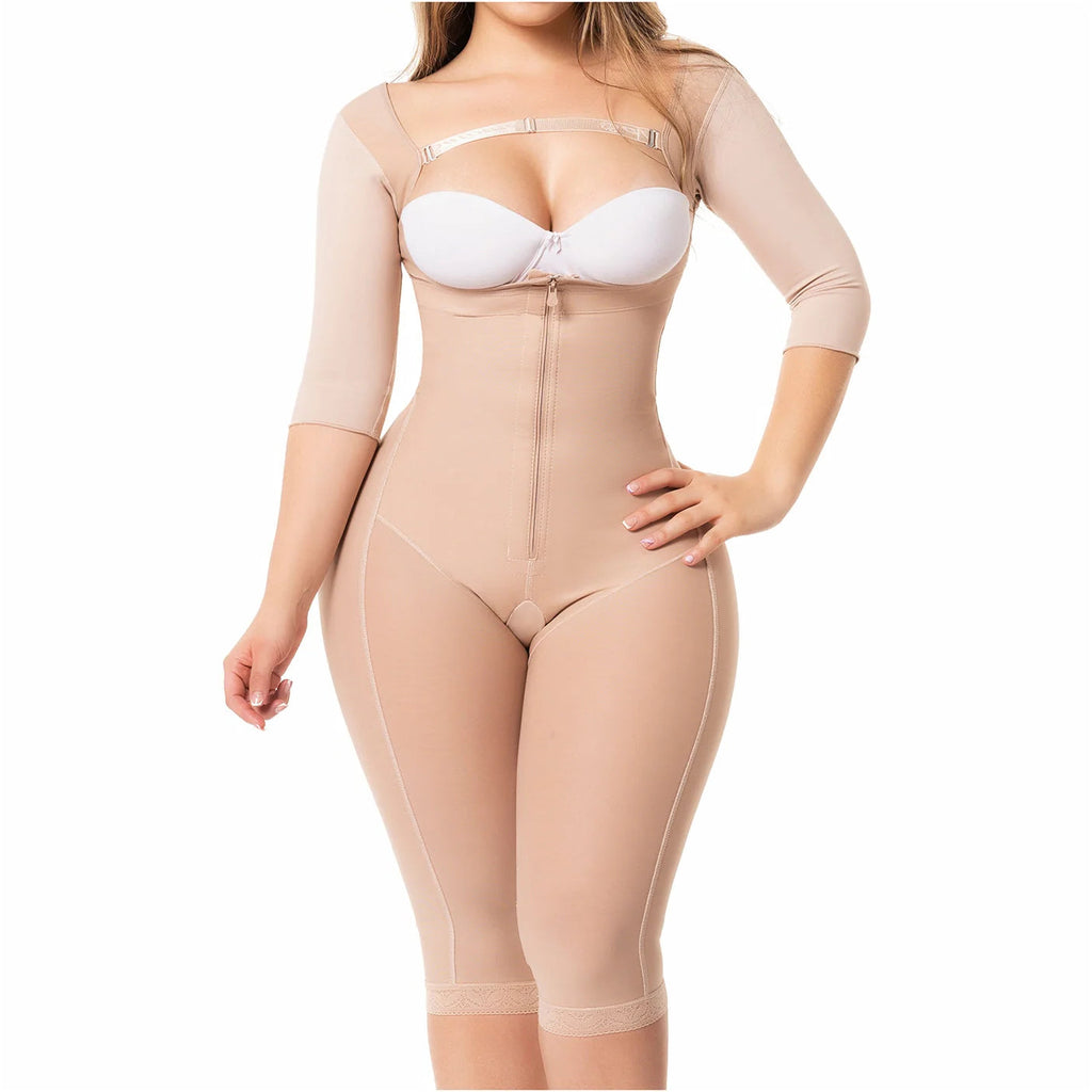 Beige body shaper with three-quarter sleeves, built-in white bra, and front zipper