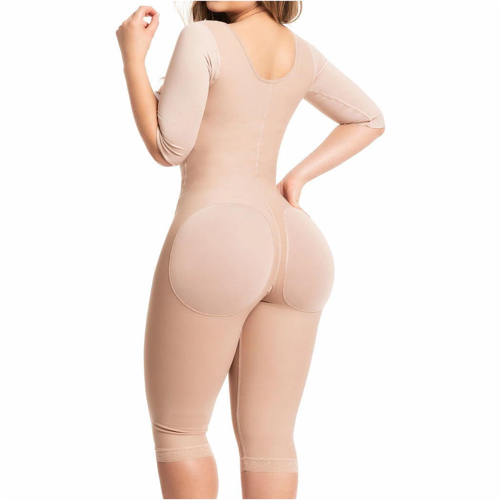 Back view of beige shaper with three-quarter sleeves and butt-lifting panels.