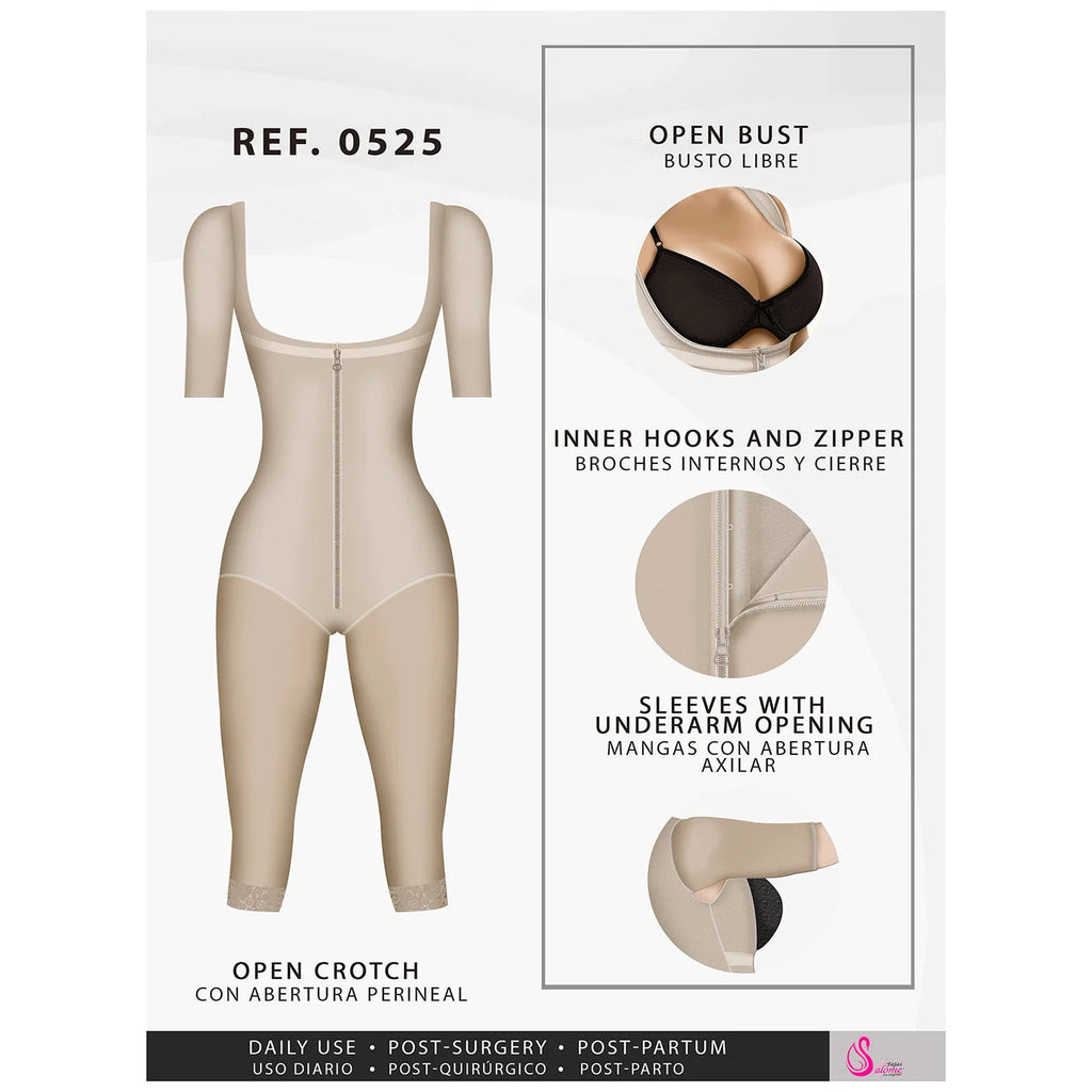 Beige shaper with sleeves, open bust, front zipper, underarm openings, and open crotch.