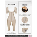 Beige shaper with sleeves, open bust, front zipper, underarm openings, and open crotch.