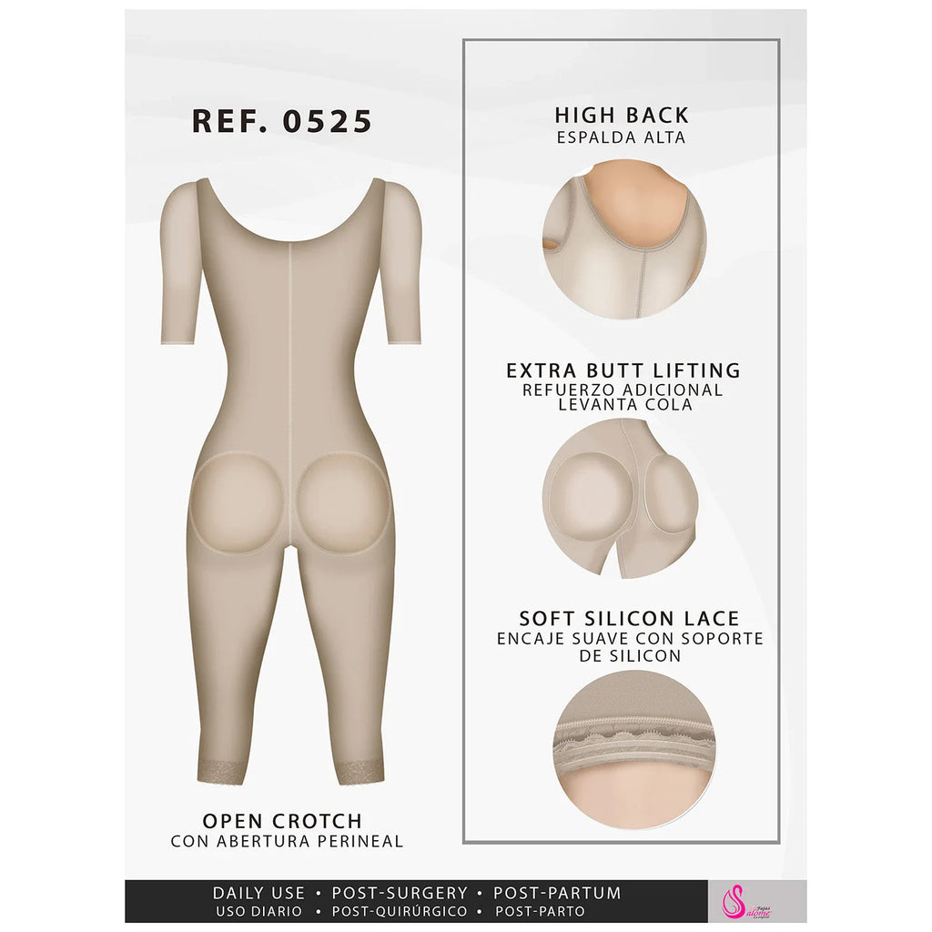 Beige shaper with high back, extra butt-lifting effect, soft silicone lace, and open crotch.