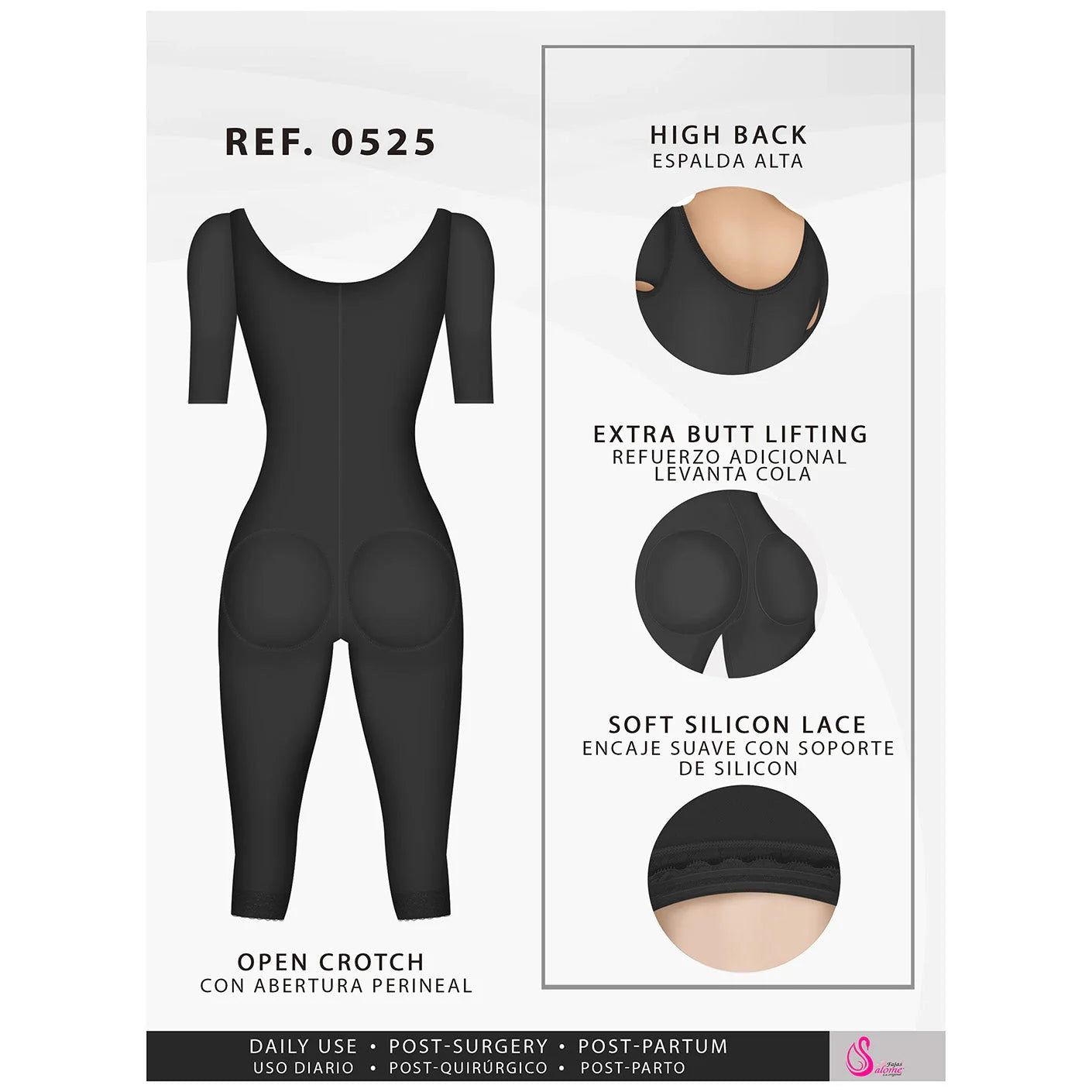 Black shaper with high back, extra butt-lifting panels, soft silicone lace, and open crotch.