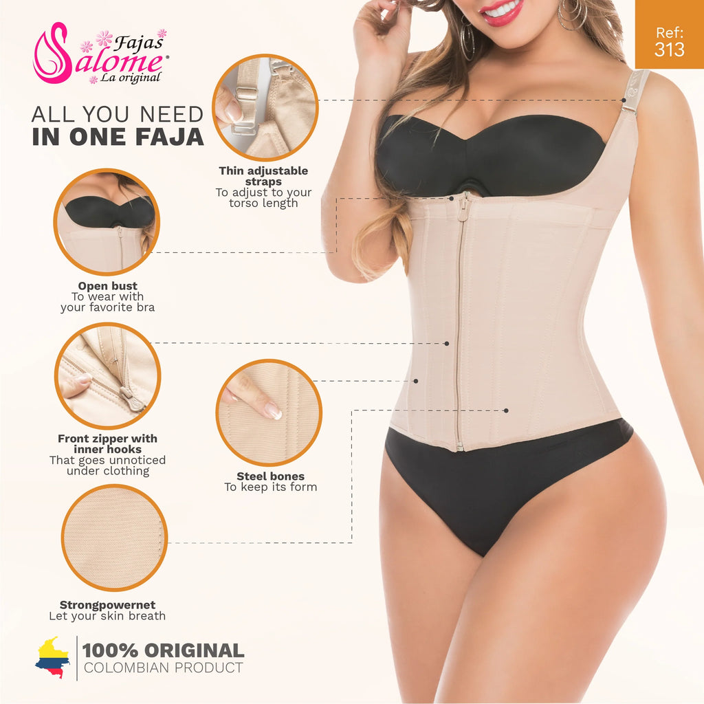 Beige waist trainer with open bust, front zipper, steel bones, strong power net, and adjustable straps for tummy control