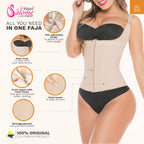 Beige waist trainer with open bust, front zipper, steel bones, strong power net, and adjustable straps for tummy control