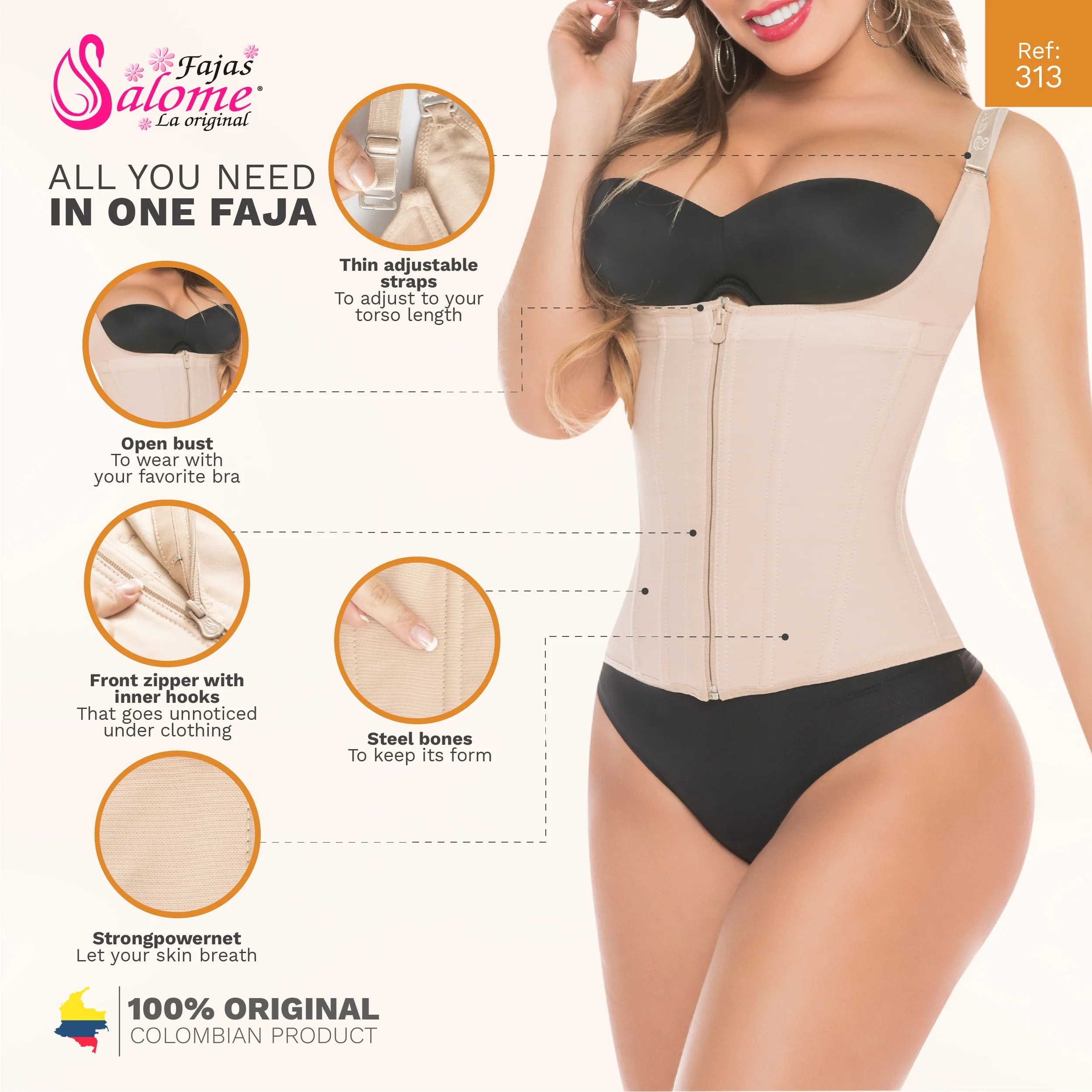Beige waist trainer with open bust, front zipper, steel bones, strong power net, and adjustable straps for tummy control