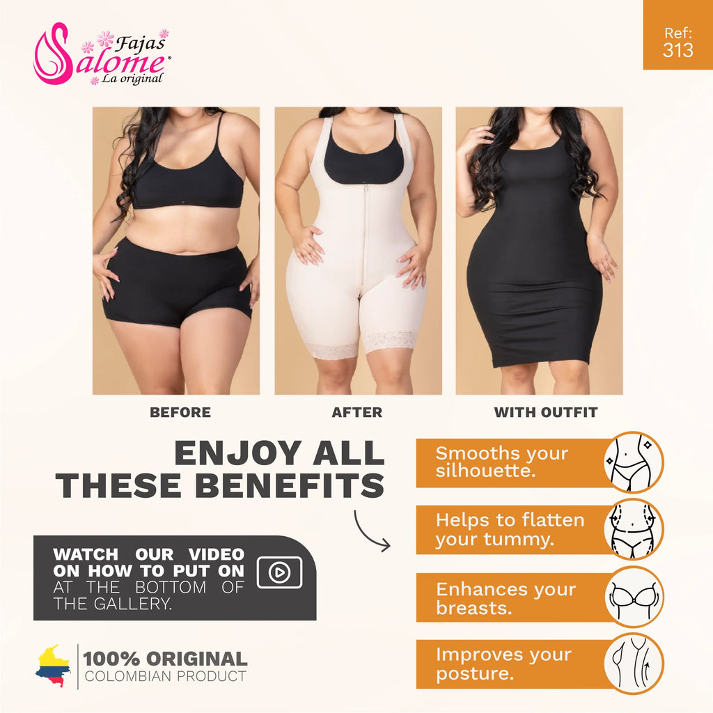 Before, after, and outfit view of beige waist trainer showing silhouette smoothing, tummy flattening, breast enhancement, and posture improvement