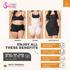 Before, after, and outfit view of beige waist trainer showing silhouette smoothing, tummy flattening, breast enhancement, and posture improvement