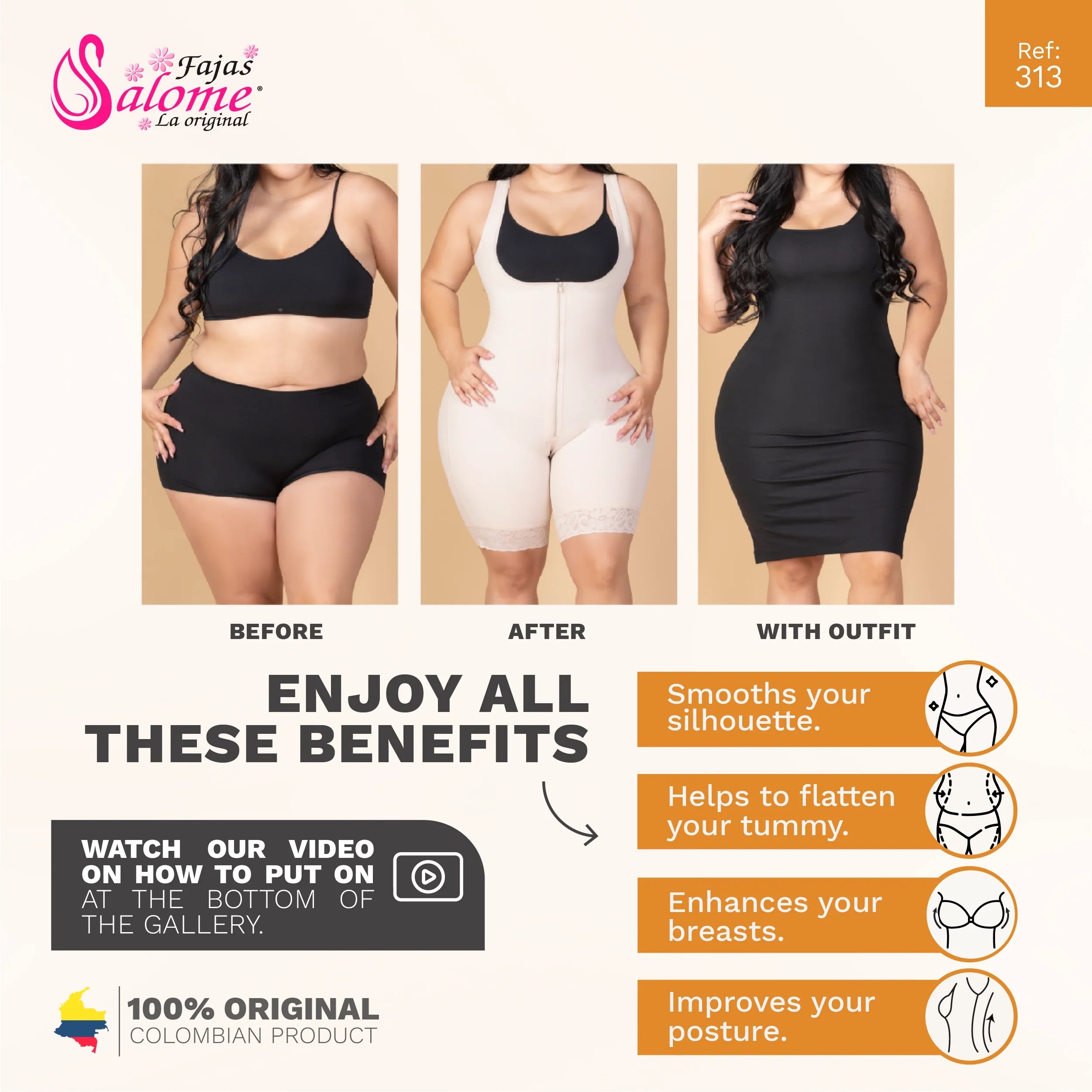 Before, after, and outfit view of beige waist trainer showing silhouette smoothing, tummy flattening, breast enhancement, and posture improvement