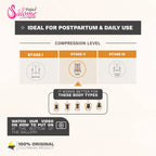 Compression level guide for postpartum and daily use, highlighting stage II high compression fit and ideal body types