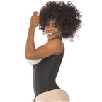 Black waist trainer with front zipper and open bust, worn with white bra, side view