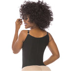 Black waist trainer with front zipper and open bust, worn with white bra, back view