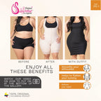 Before, after, and outfit view of beige waist cincher showing silhouette smoothing, tummy flattening, and waist definition