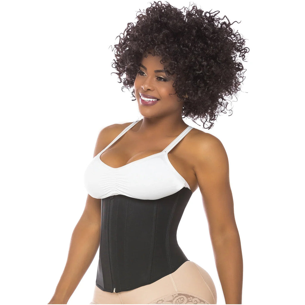 Front view of black waist cincher with front zipper and powernet panel, worn with white top and beige shapewear