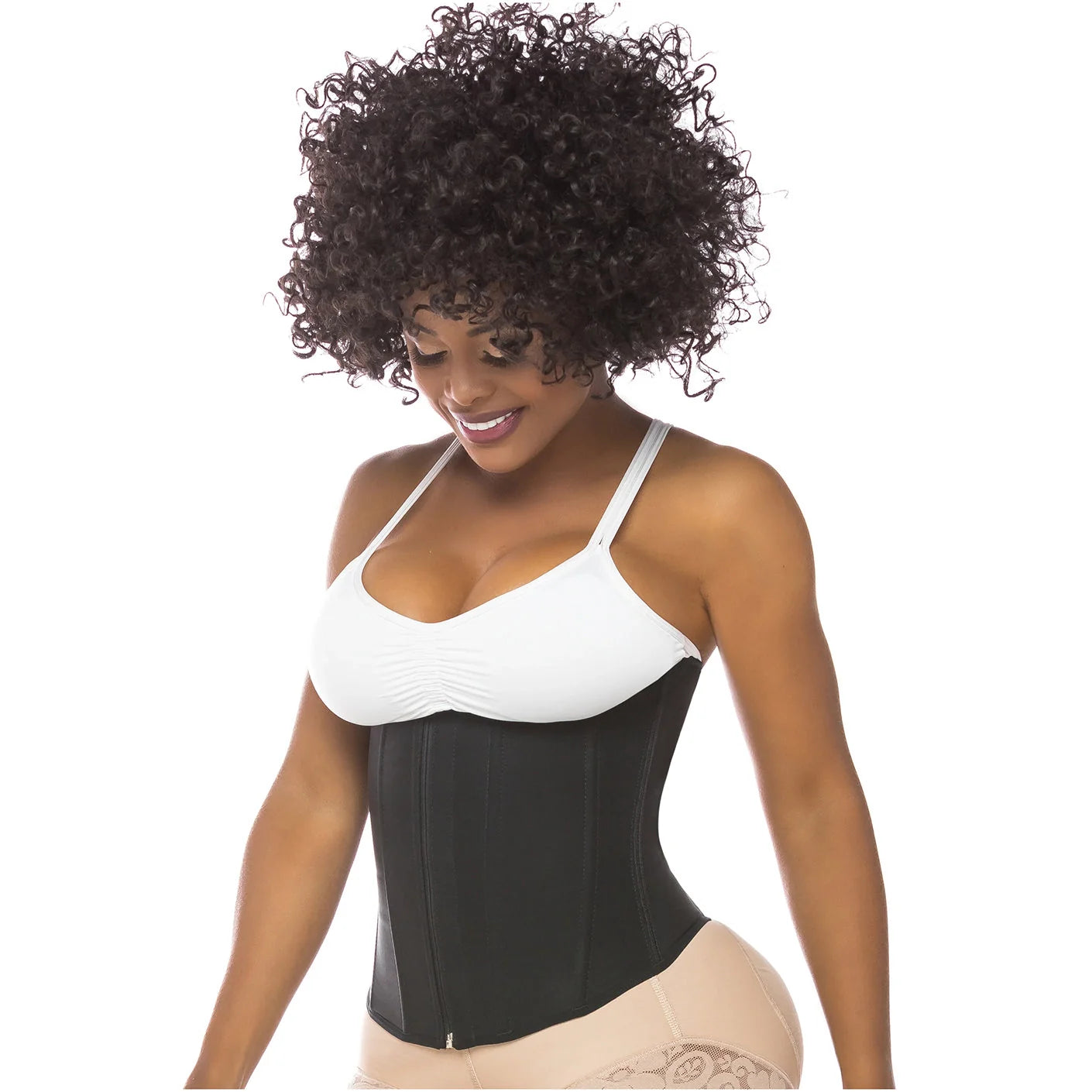 Front view of black waist cincher with front zipper and powernet panel, worn with white top and beige shapewear