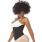 Black waist cincher with front zipper and open bust, worn with white top and beige shapewear, side view