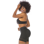 Black high-waist shapewear shorts with lace trim, worn with black bra, side view