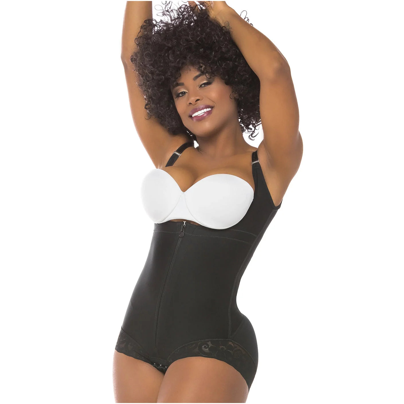 Black full-body shapewear with front zipper and lace trim, worn with white bra, front view