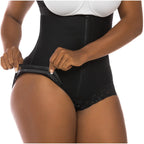 Close-up of black shapewear showing open crotch for bathroom comfort and ease of use